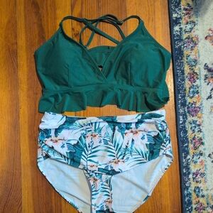 Emerald Ruffle Bikini Set with Tropical Print Bottoms